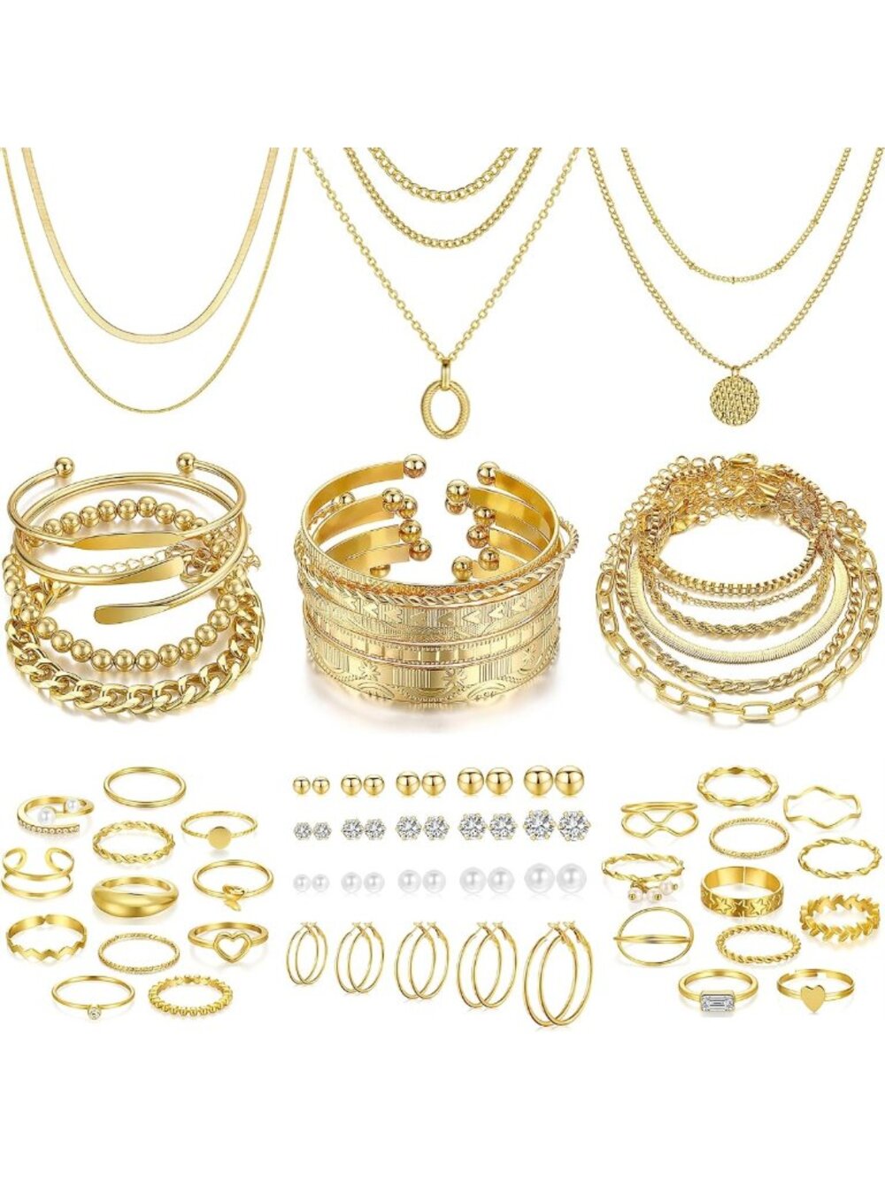 68-Piece Gold Jewelry Set for Women: Necklaces, Bracelets, Earrings & Rings Gift